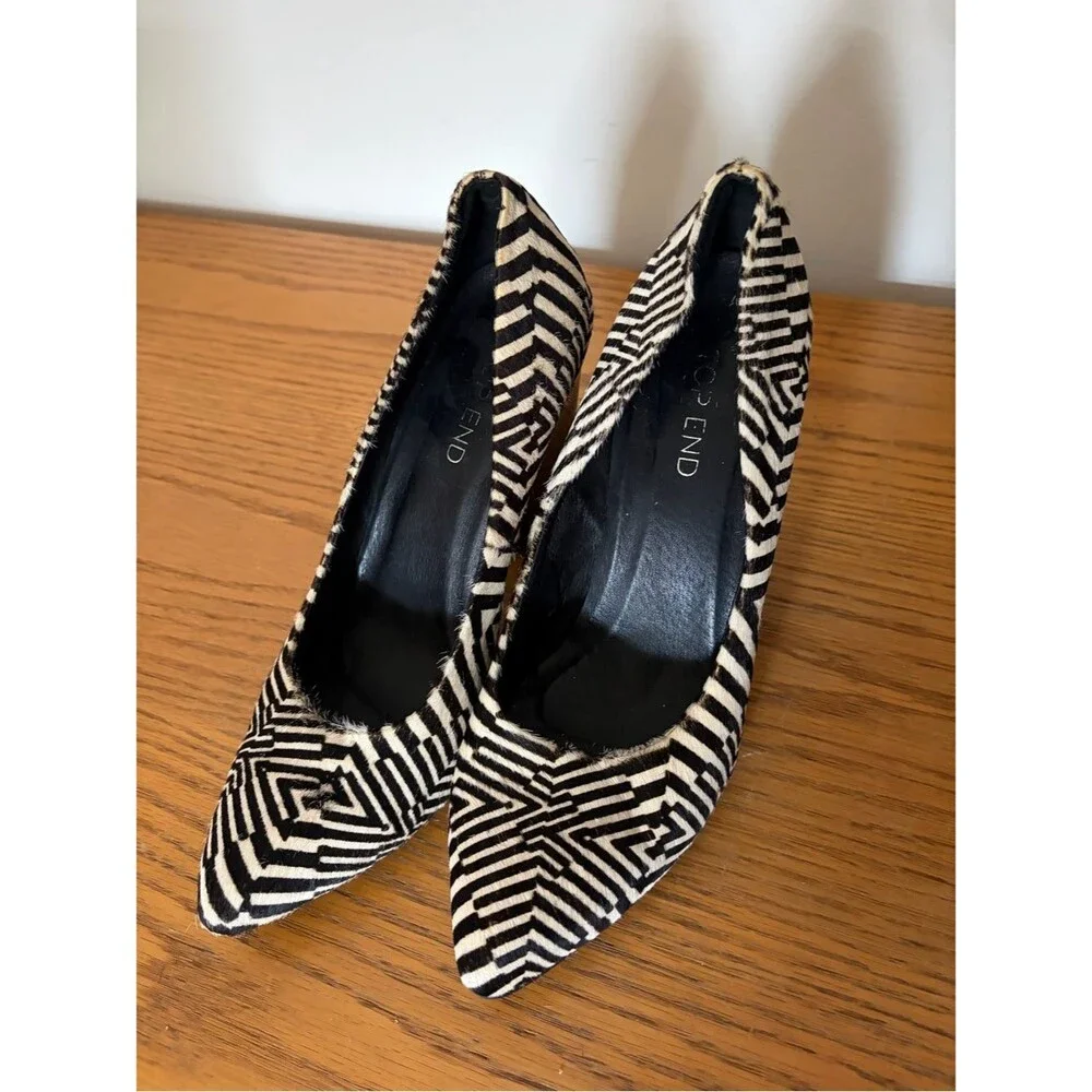 Y2K Pony Hair Black & Cream Fractured Zebra Pattern Chunky Block Heel Pumps